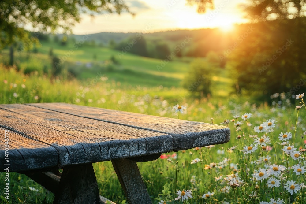 Naklejka premium Wooden table in a vibrant field of flowers during golden hour with sunlight illuminating the landscape and rolling hills in the background