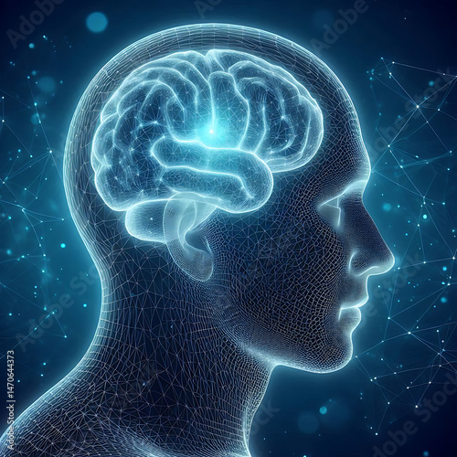Human Brain. Organ anatomy, neurology, healthy body concept. Polygonal image on blue neon background. Low poly, wireframe digital 3d vector illustration. Abstract art