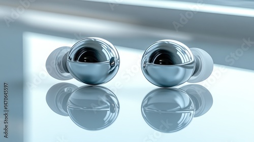 Two sleek, mirrored earbuds rest on a reflective surface
