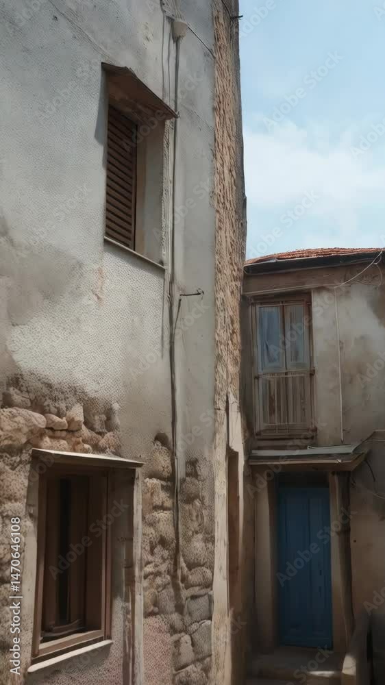 Charming alleyway with stone buildings, blue door, and terracotta roof in a Mediterranean village evoking rustic charm Charming alleyway with stone buildings, blue door, and terracotta roof in a Mediterranean village evoking rustic charm