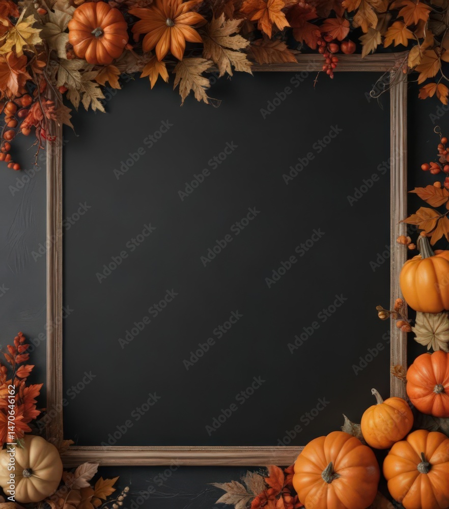 Fototapeta premium Elegant chalkboard frame with perfectly arranged pumpkins, simple fall leaves, and a touch of burlap , thanksgiving, decoration, burlap