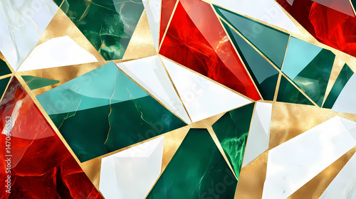 Abstract glossy geometric pattern with red, white, and green facets and gold accents. [Crystalline Wilderness] | Emerald Vale | green facets. Illustration