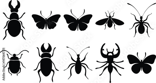 Silhouettes of Various Insects Including Beetles, Butterflies, and Ants