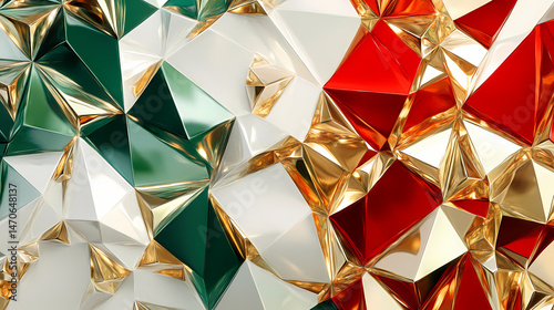 Abstract glossy geometric pattern with red, white, and green facets and gold accents. [Crystalline Wilderness] | Emerald Vale | green facets. Illustration