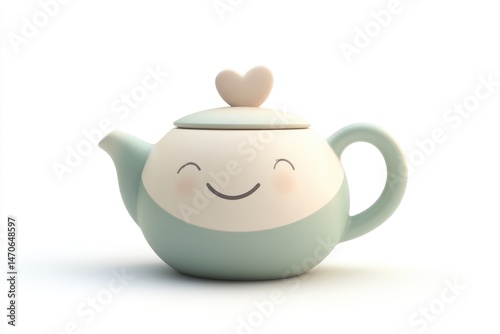 Charming light green teapot with a sweet smiling face and a heart-shaped lid knob on a white background.