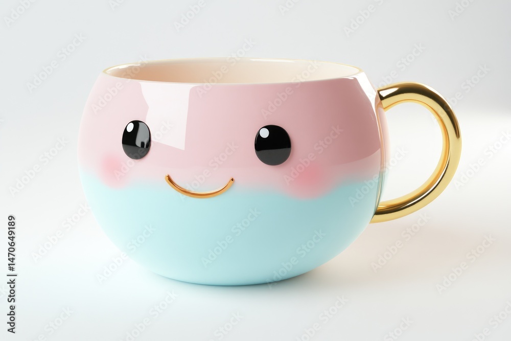 Cute, round mug with pink and blue coloring, featuring a smiling face and a golden handle on a white surface. Cute, round mug with pink and blue coloring, featuring a smiling face and a golden handle on a white surface.