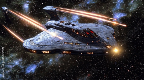 Radiant starship soaring through nebula with bright streaks of light trailing behind cinematic space odyssey