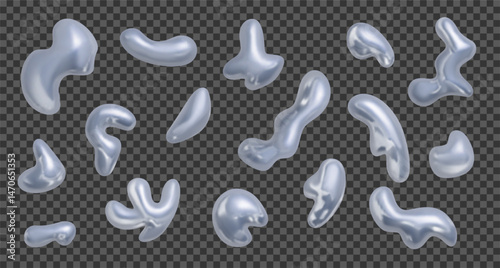 Realistic metal, chrome holographic design elements. Vector illustration. Set of 3d silver colored shapes isolated on dark transparent background