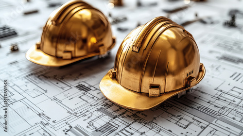 Gold hard hats on blueprints