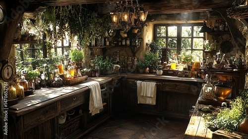 Rustic, enchanted kitchen with herbs and potions