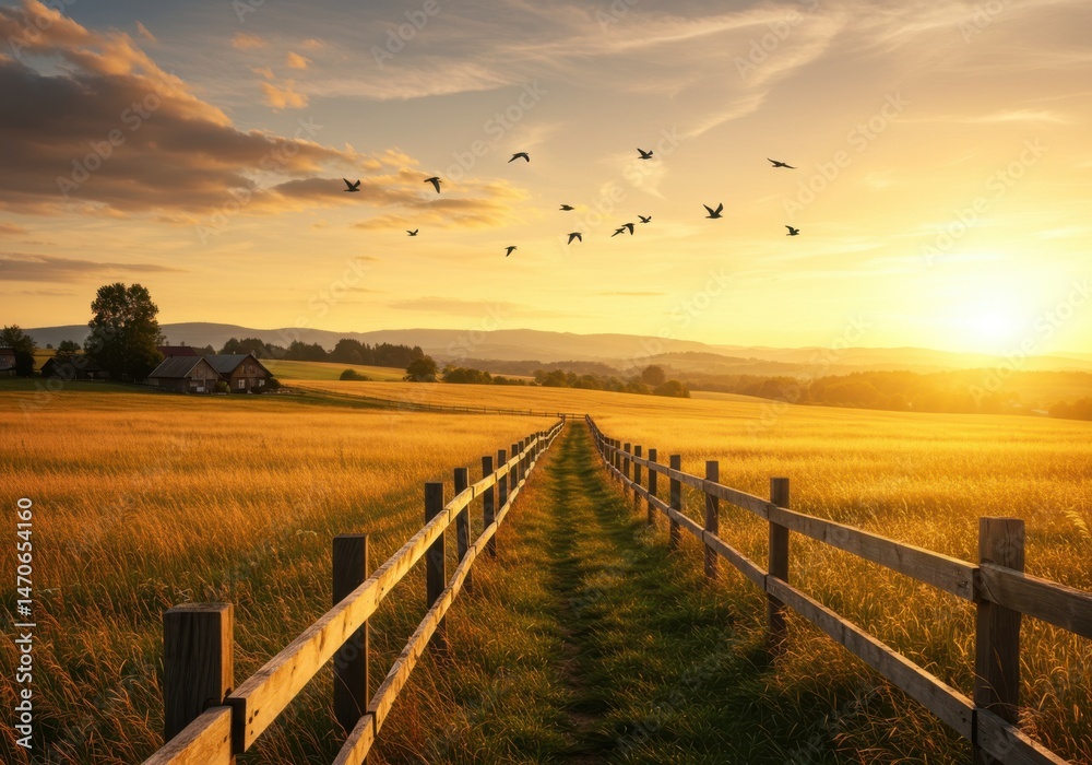 Obraz premium Golden field landscape with fence