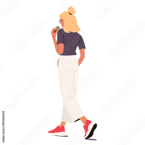 Young woman cartoon character eating fast food meal on-the-go isolated on white background