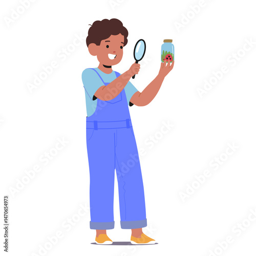 Boy cartoon character exploring insect using magnifying glass experiencing world with sight sense