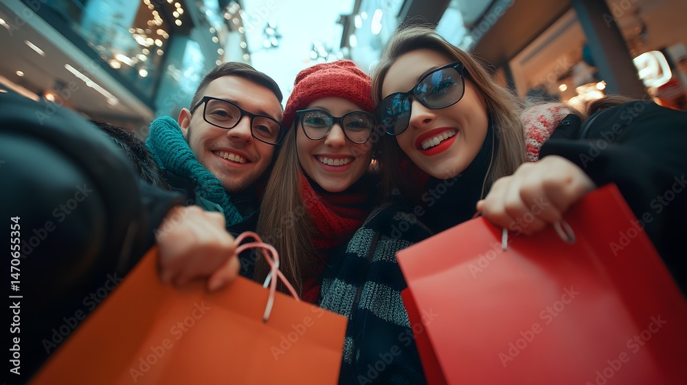 Fototapeta premium Shopping Spree Selfie: Three friends, brimming with excitement and holding shopping bags, capture a vibrant selfie during a festive shopping excursion. The atmosphere exudes pure joy and anticipation.