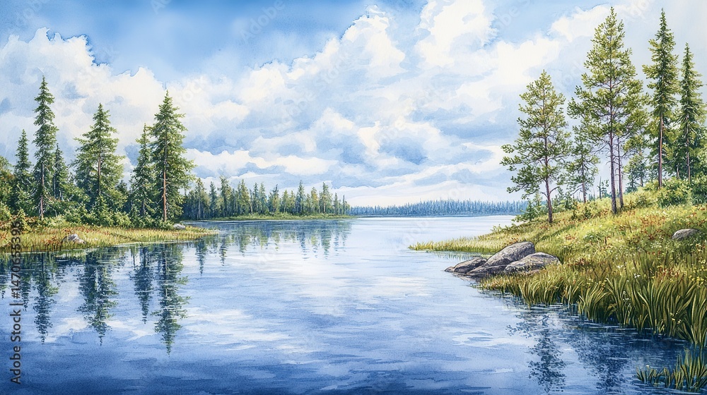 Fototapeta premium Serene summer lake landscape with lush green trees and blue sky art calm view water image photo