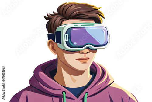 Young man in pink hoodie wearing virtual reality headset, fully immersed in digital experience. Concept of futuristic gaming, VR exploration, and modern technology, isolated on white background