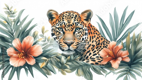 Majestic Leopard in Tropical Jungle with Exotic Plants