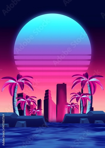 80s Neon Dystopia Vibes, Retro-Futuristic Synthwave Cityscape with Sunset Horizon, Vaporwave Ocean Vibes and 80s Aesthetic