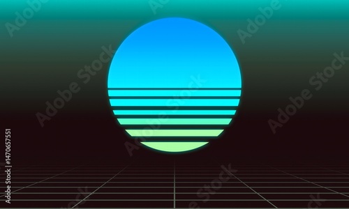 Retro Sunset Horizon, Minimal Synthwave Aesthetic with Neon Gradient, Futuristic design, wave music.