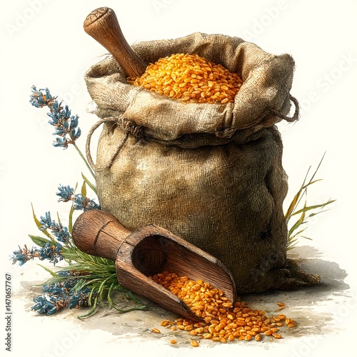 Golden Grain: A rustic burlap sack overflowing with golden grain, alongside a wooden scoop and sprigs of lavender, captures the essence of harvest and natural abundance.