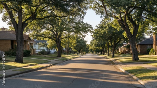 Suburban street, morning sun, tree-lined, houses, peaceful