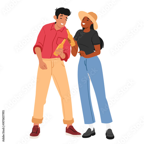 Man and woman friends cartoon characters talking jokes, laughing and drinking beer isolated on white