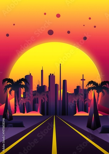 80s Neon Dystopia Vibes, Retro-Futuristic Synthwave Cityscape with Sunset Horizon, Vaporwave Ocean Vibes and 80s Aesthetic