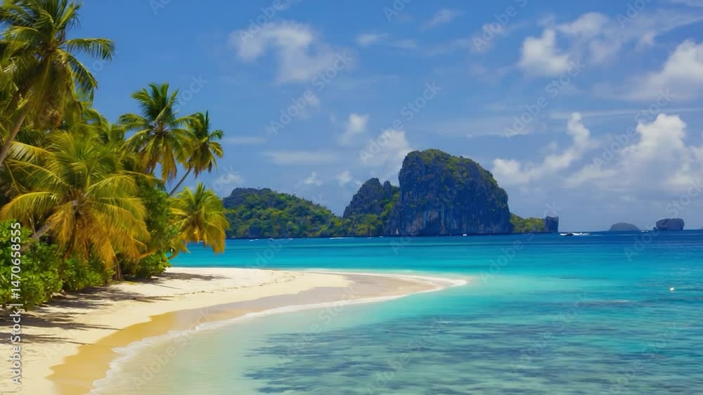 Tropical paradise beach scene with palm trees and rocks in the background. Perfect for travel brochures or vacation ads Tropical paradise beach scene with palm trees and rocks in the background. Perfect for travel brochures or vacation ads