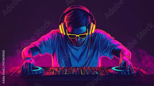 Dj operating equipment vibrant colors