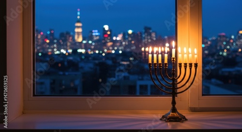 Hanukkah Menorah in Window, NYC at Night. Photo.