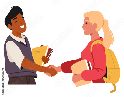 Diverse multiracial girl boy students cartoon characters handshaking isolated on white background