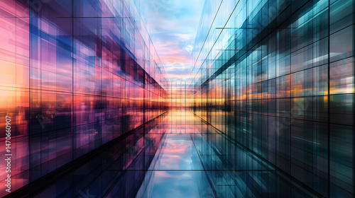 Abstract Architectural Perspective: A mesmerizing, artistic depiction of a modern architectural space, blending symmetry with vibrant colors of sunrise, evoking a sense of depth, reflection.