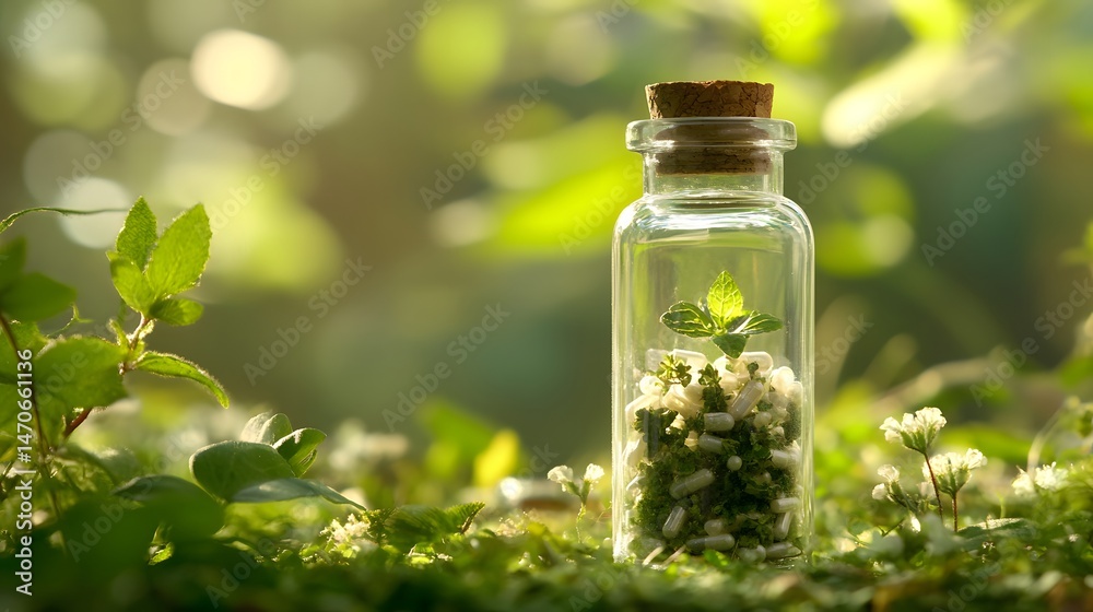 Tiny sprout in bottle:A minuscule sprout emerges in bottle, encapsulating the beauty of nature's miniature. Bathed in sunlight in moss Tiny sprout in bottle:A minuscule sprout emerges in bottle, encapsulating the beauty of nature's miniature. Bathed in sunlight in moss