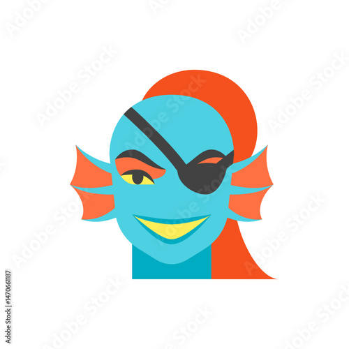 Illustration of a blue skinned character with an eye patch and orange hair and fish like fins on the head