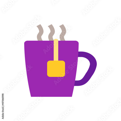 A purple mug with a tea bag and steam rising from it, isolated on a white background in a simple style
