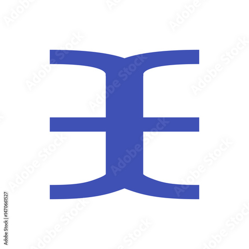 Illustration of a stylized blue glyph with curved ends and a horizontal bar on a white background