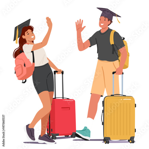 Girl and boy student travelers cartoon characters giving high five standing isolated on white
