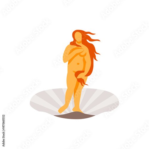 Illustration of a stylized venus standing on a seashell with flowing red hair and a minimalist design style