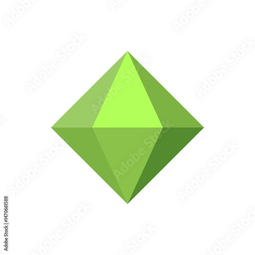A green plumbob diamond shape with multiple facets isolated on a white background in a simple style