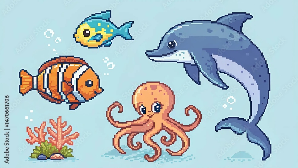 Obraz premium Cross stitch pattern featuring a crab, fish, and various sea life animals in vibrant colors.