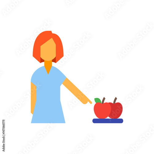 Woman with orange hair pointing at two red apples on a blue tray in a simple flat vector illustration