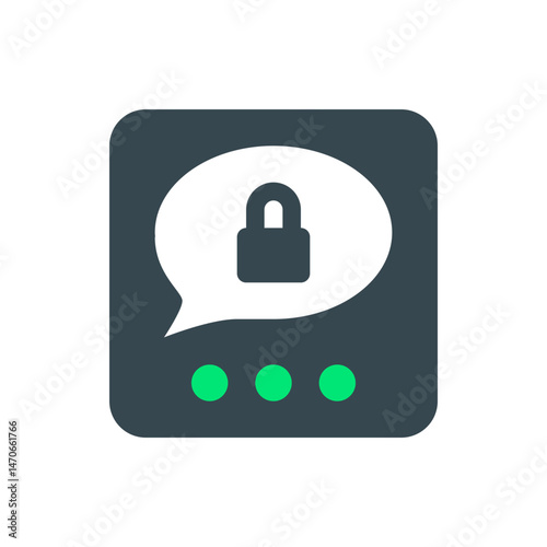 Illustration of a secure chat bubble with a padlock and three green dots on a gray background square