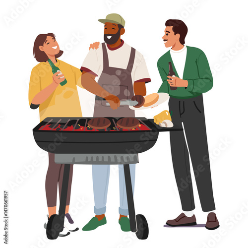 Friends cartoon characters enjoying barbecue party cooking food and drinking beer isolated on white