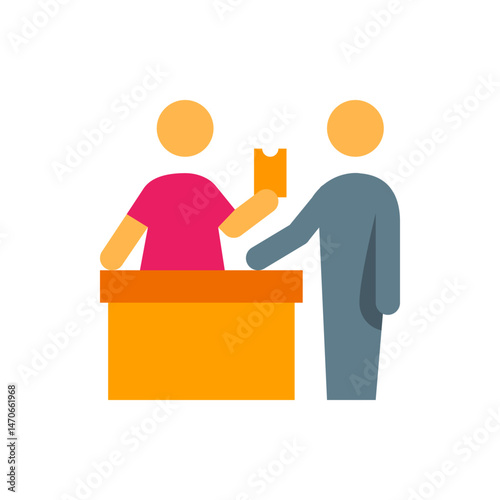 Person buying a ticket from a ticket window with another person standing next to them in the image here