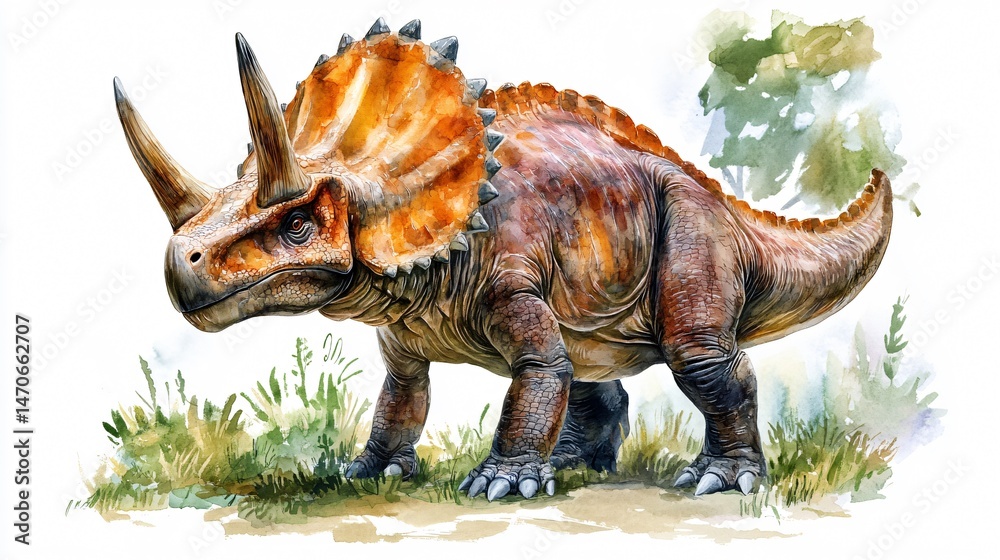 Fototapeta premium Realistic Triceratops Dinosaur Watercolor Illustration for Educational Purposes