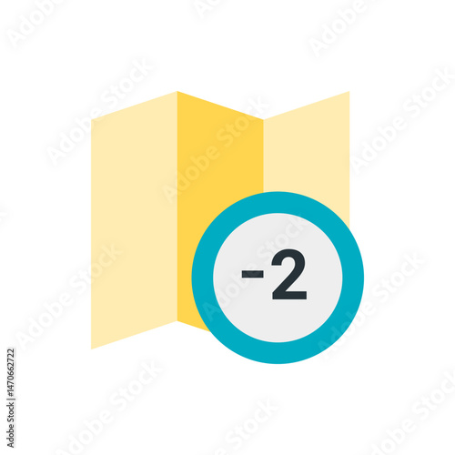 A yellow folded map with a blue and white circle containing a minus sign and the number two icon design