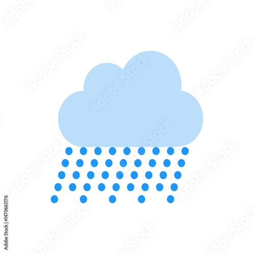 Illustration of a light blue cloud with blue raindrops falling from it on a white background weather icon