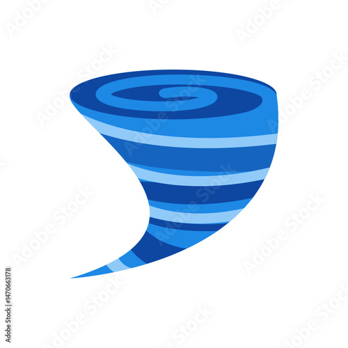 Illustration of a stylized tornado with blue and light blue horizontal stripes and a swirl on top