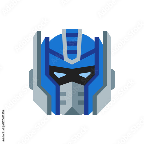 Illustration of a robot head with blue and gray colors and a geometric design style displayed fully