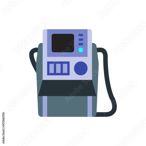 Illustration of a gas pump with a screen, buttons, and hose, rendered in a flat, cartoon style